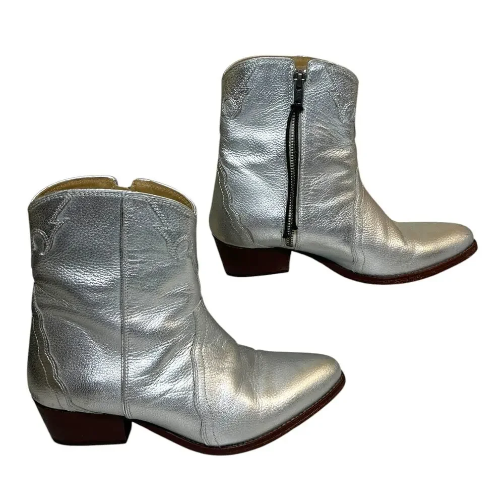Free People Women's 'New Frontier' Leather Western Bootie Silver Size 38 EU 8 US